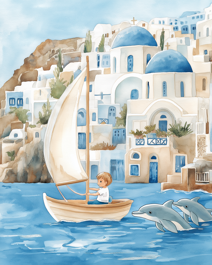 A child steers a sailboat past iconic Greek-style architecture while two dolphins leap beside the boat in sparkling blue water under a sunny sky.