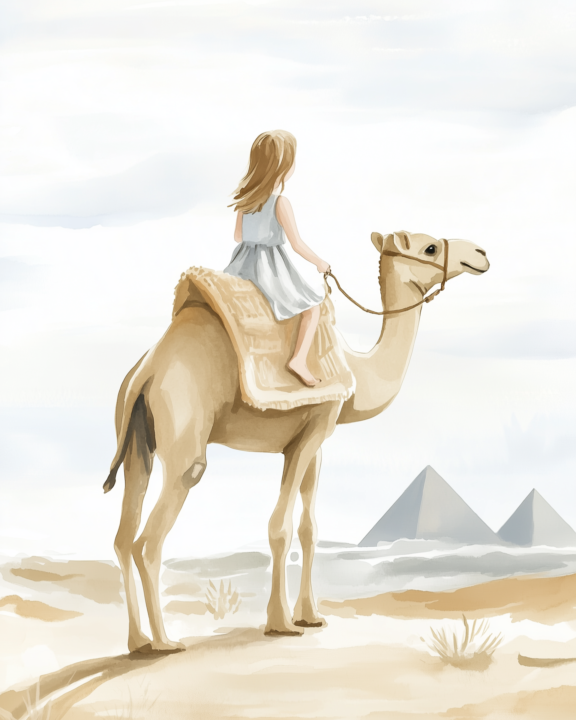 A barefoot girl in a white dress rides a camel across sandy terrain, gazing toward the Egyptian pyramids that rise in the soft, hazy background.