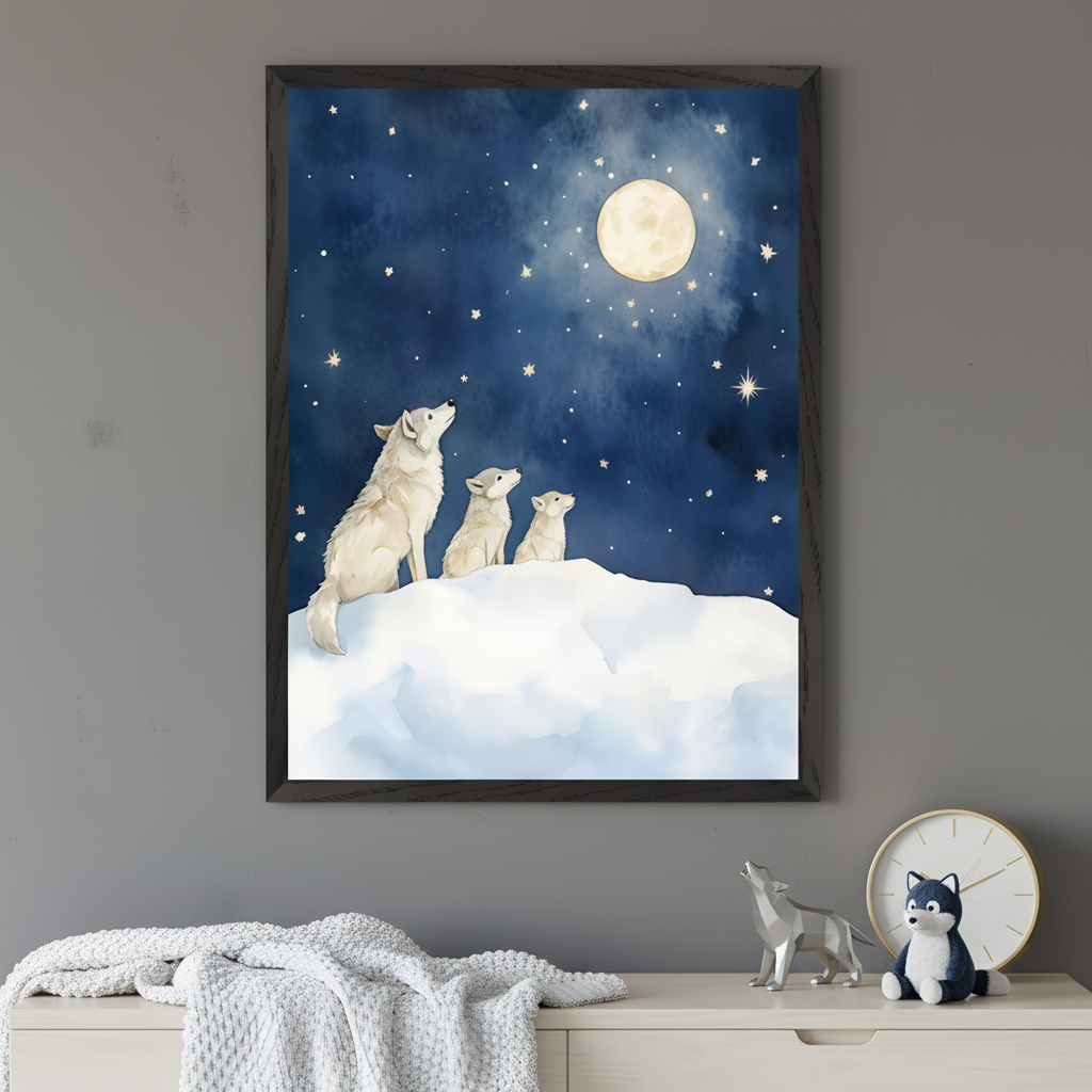 Kid's room with a light wooden dresser against a gray wall. A framed watercolor print of a large white wolf and two smaller wolves looking up at a full moon and stars in a dark blue sky, atop white snow, hangs centered above the dresser. A gray knitted blanket and wolf figurines are on the dresser.