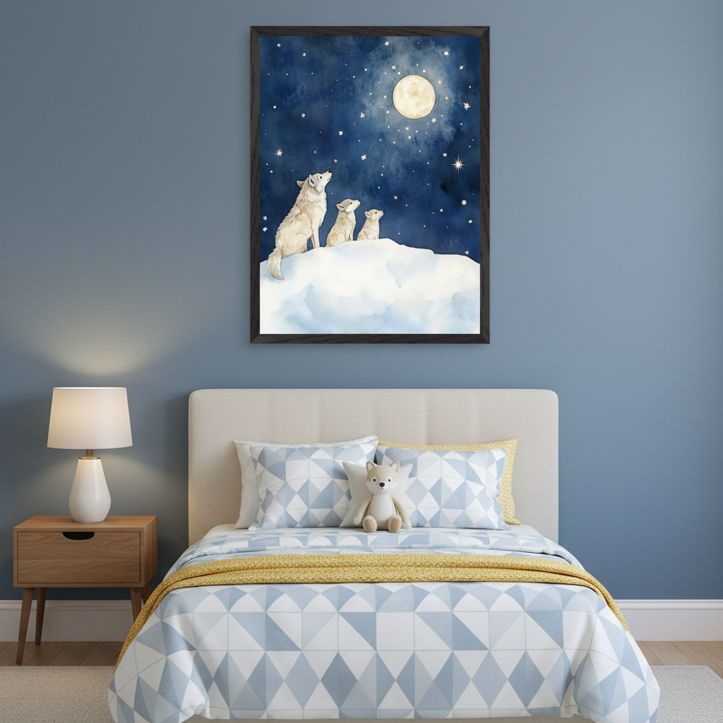 Kid's bedroom with a bed and wooden nightstand. A large framed watercolor painting of a white wolf howling at a full moon with two pups on a snowy cloud under a starry night sky hangs above the bed.