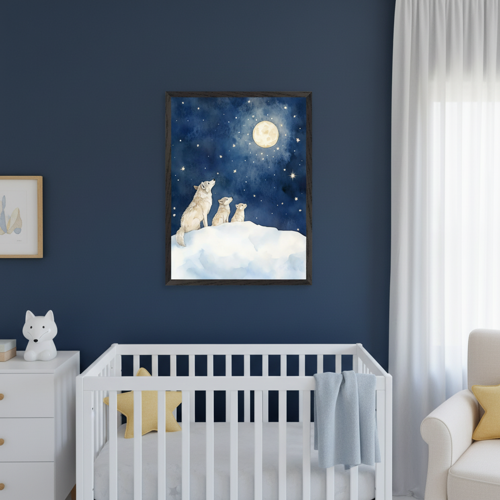 Modern nursery with a white crib and partially visible white dresser against a dark blue wall. A framed watercolor print of a wolf family howling at the moon and stars hangs above the crib.