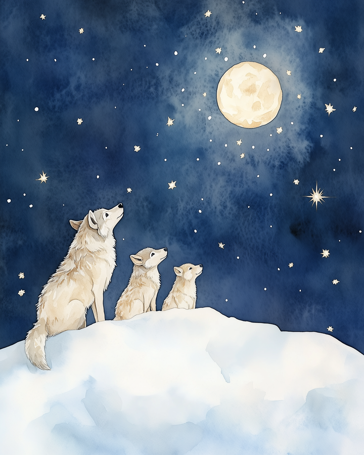 A family of wolves perches on a snow-covered slope under a deep blue sky, their eyes turned upward toward the bright moon and scattered stars.
