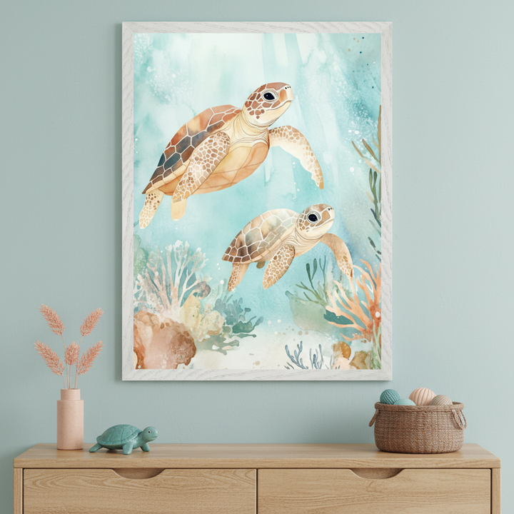 Modern kid's room with a light wood dresser. A framed watercolor print of two sea turtles and coral hangs above the dresser. A vase, a teal turtle figurine, and a basket of yarn are on the dresser.
