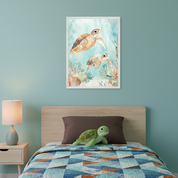 Kid's bedroom with a wooden bed, patterned quilt, nightstand, and lamp. A framed watercolor print of two sea turtles swimming in light blue water with coral hangs centered above the bed's headboard. A plush green turtle toy is on the bed.