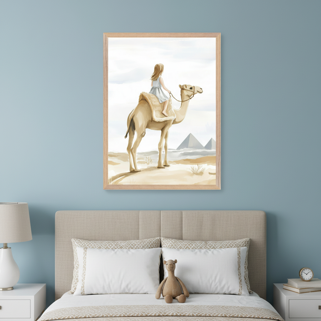 Kid's bedroom with a white bed and headboard. Above it hangs a framed painting of a girl riding a camel in a a desert with pyramids. A floating side table with a lamp is to the left of the bed.