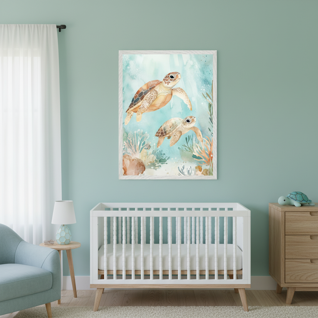 Modern nursery with a white crib, light wood dresser, and blue armchair. A large framed watercolor print of two sea turtles swimming underwater with coral hangs above the crib on a light blue wall.