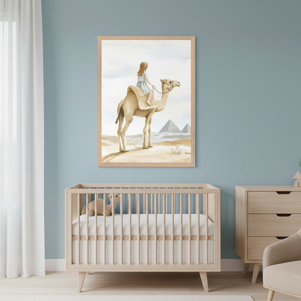 Modern nursery with a light wood crib, dresser, and armchair. A large framed watercolor painting of a girl riding a camel in a desert with pyramids in the background hangs above the crib on a light blue wall.