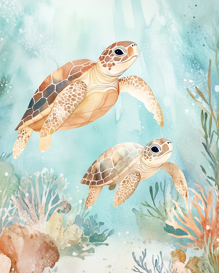 A pair of sea turtles glides through a dreamy underwater scene filled with soft coral, ocean plants, and beams of light filtering through turquoise water.
