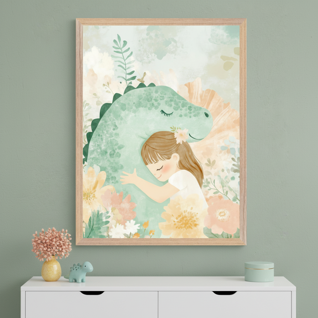 Modern nursery with a sage green wall. A framed watercolor illustration of a girl hugging a green dinosaur amidst flowers hangs above a white dresser. A small dinosaur toy and flowers sit on the dresser.