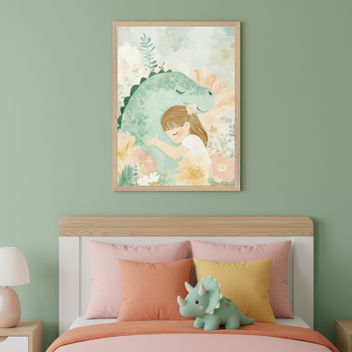 Kid's bedroom with a bed, pink and orange pillows, and a plush dinosaur. A framed pastel watercolor print of a girl hugging a smiling green dinosaur among flowers hangs above the bed.