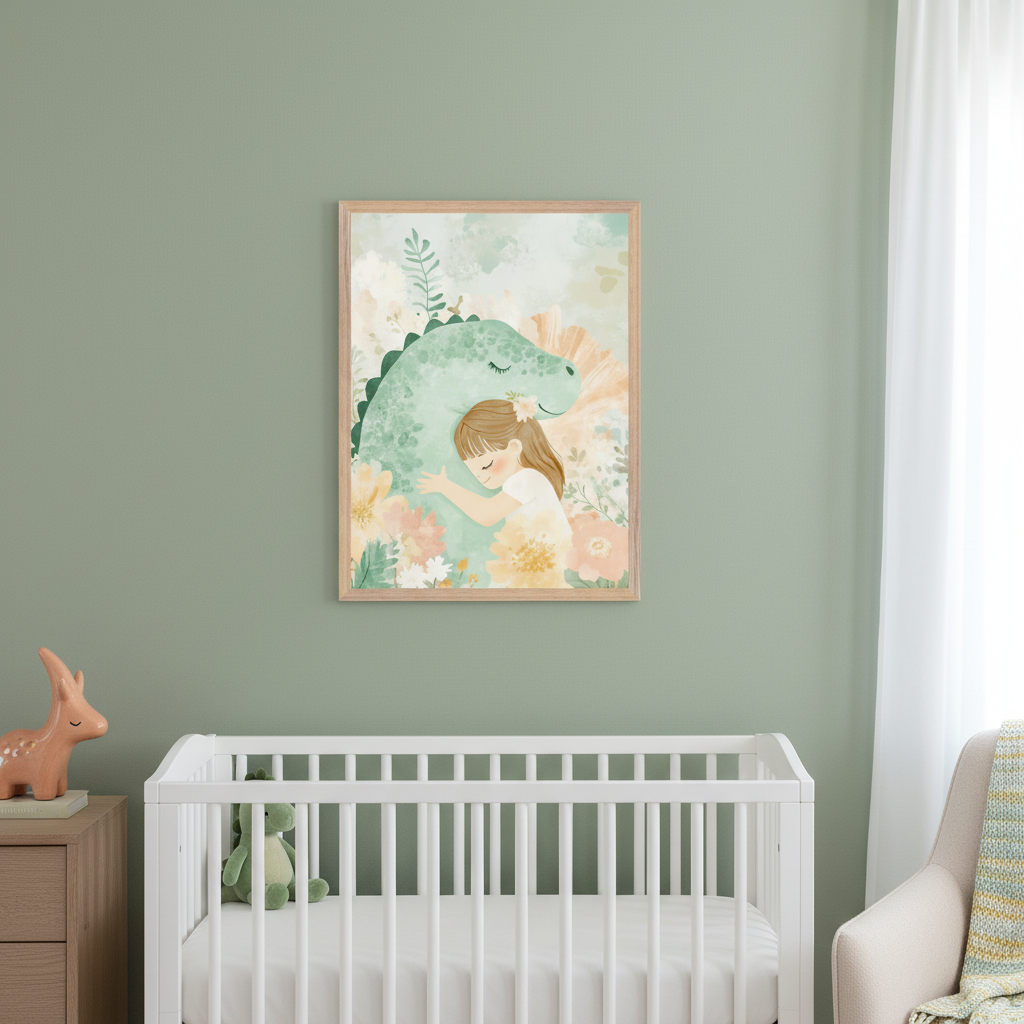 Modern nursery with sage green walls. A white crib is centered in the foreground, next to a wood dresser on the left. A light wood framed print of a girl hugging a green dinosaur in a watercolor style hangs above the crib. Part of a light armchair is on the right.