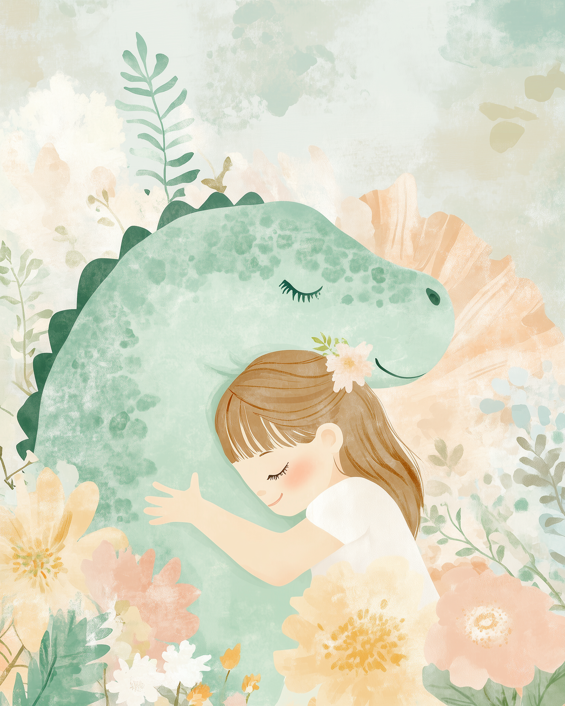 Dinosaur Friends Wall Art for Nursery, Playroom or Kids Bedrooms - Affectionate Floral Decor in Soft Pastel Tones - Prehistoric Peace