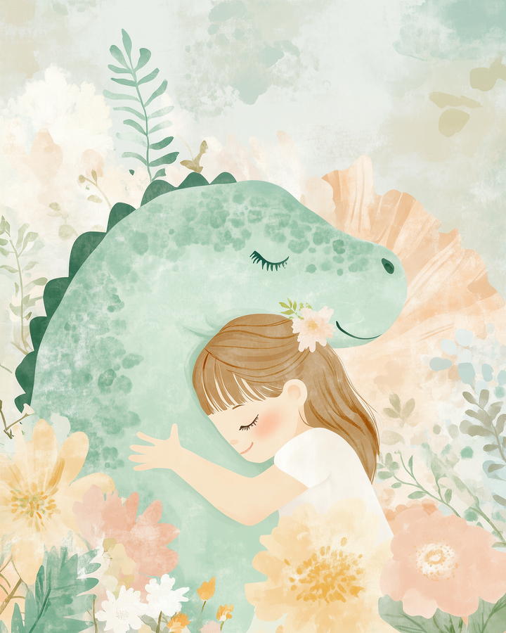 A smiling girl with a flower in her hair embraces a large green dinosaur with closed eyes, surrounded by gentle floral patterns in pink, peach, and cream tones.