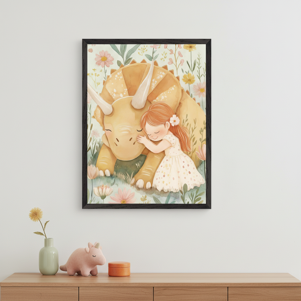 Contemporary room with a light wood dresser. A black-framed watercolor painting of a red-haired girl hugging a sleeping yellow triceratops in a flower field hangs above the dresser. A green vase, pink dinosaur figurine, and orange box are on the dresser.