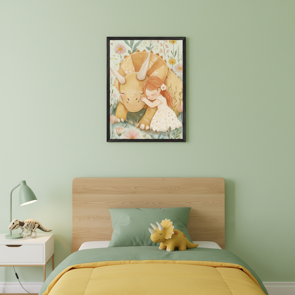 Kid's bedroom with light green walls. A framed watercolor illustration hangs above a wooden bed, depicting a red-haired girl hugging a yellow triceratops in a floral field. A nightstand with a lamp and dinosaur skeleton is next to the bed; a triceratops plush is on the bed.