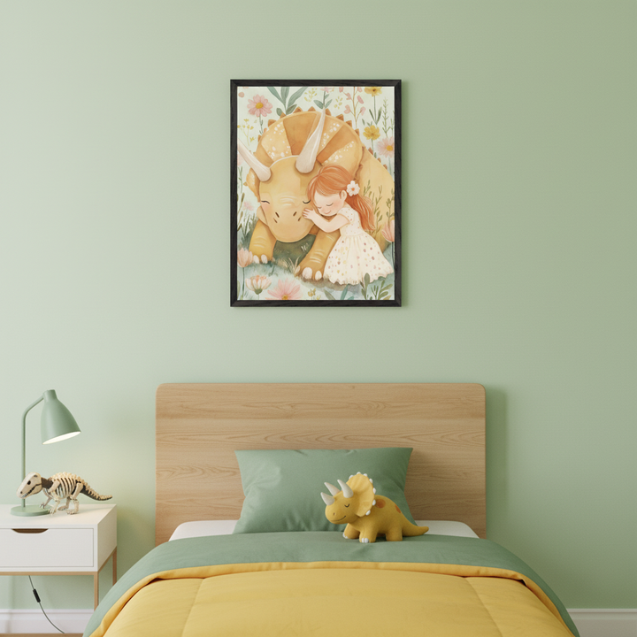 Kid's bedroom with light green walls. A framed watercolor illustration hangs above a wooden bed, depicting a red-haired girl hugging a yellow triceratops in a floral field. A nightstand with a lamp and dinosaur skeleton is next to the bed; a triceratops plush is on the bed.