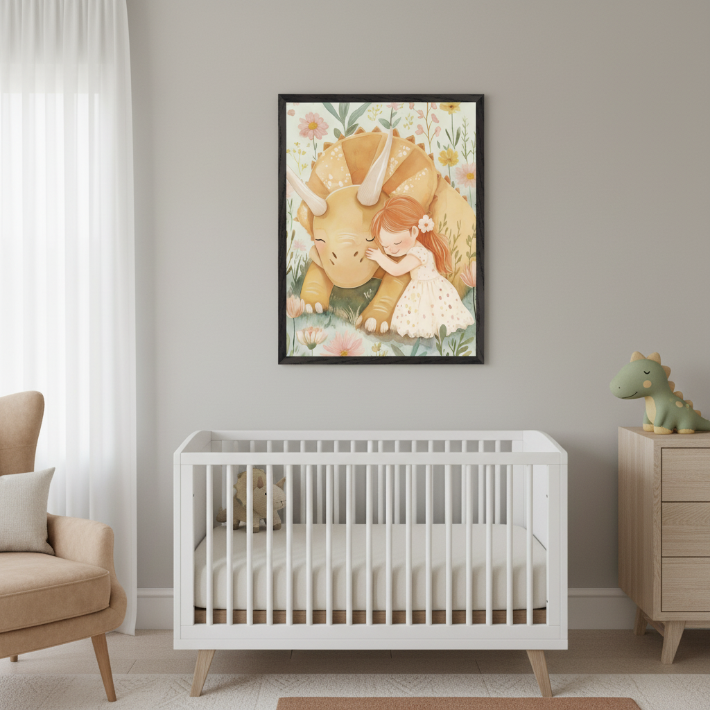 Modern nursery with a white crib. Above it, a framed illustration shows a girl hugging a triceratops amidst flowers. A beige armchair sits left, a wooden dresser with a dinosaur toy right.
