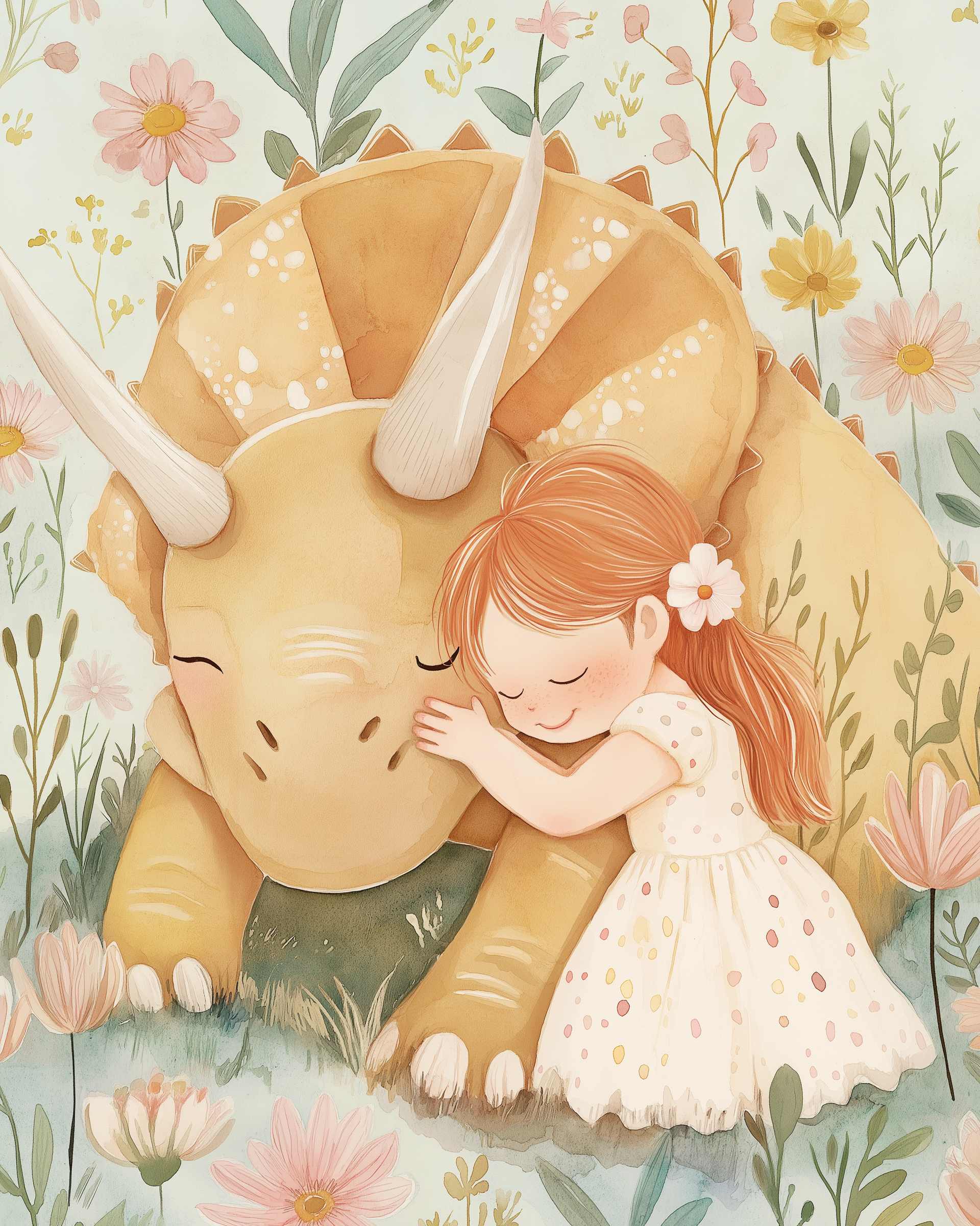 A red-haired girl cuddles a peaceful yellow triceratops while kneeling in a field of wildflowers, both with eyes closed in a gentle embrace.