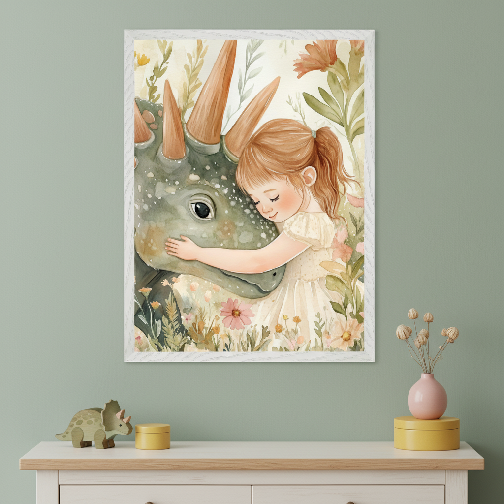 Kid's bedroom with a light green wall and a light wooden dresser. A framed watercolor painting of a girl hugging a baby triceratops in a flowery field hangs above the dresser. A wooden dinosaur toy, yellow boxes, and a pink vase with dried flowers are on the dresser.