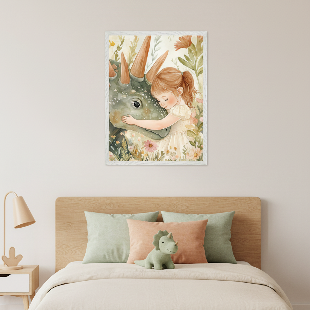 Kid's bedroom with a light wood bed and bedside table. Centered above the bed hangs a framed watercolor print of a girl hugging a green, horned dinosaur surrounded by flowers. The bed has soft green and peach pillows, and a dinosaur plushie.