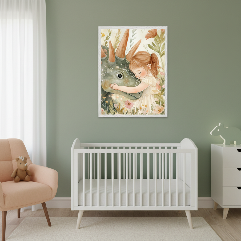 Modern nursery with sage green walls. A white crib, pink armchair with a rhino toy, and a white dresser are visible. Above the crib, a framed watercolor print depicts a girl hugging a green dinosaur amidst flowers.