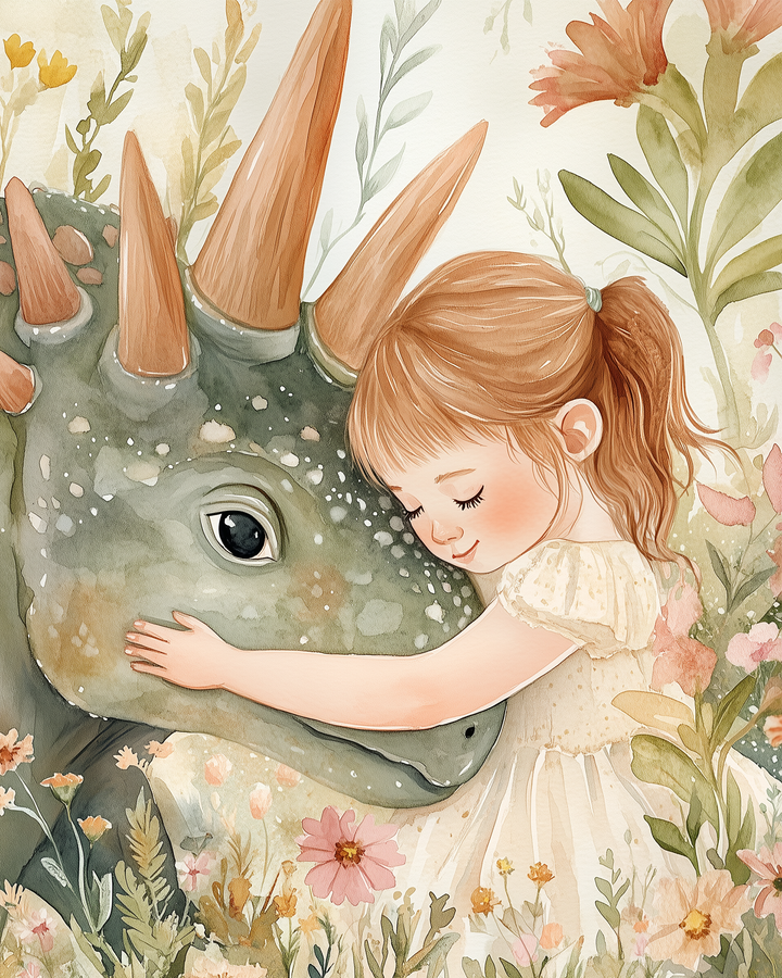 A little girl in a cream dress affectionately holds the face of a horned dinosaur with textured green skin, surrounded by delicate orange and pink flowers.
