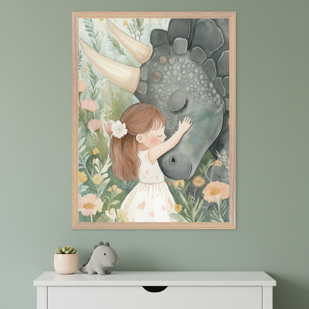 Nursery with a white dresser against a green wall. A framed watercolor art print of a girl hugging a dinosaur in a field of flowers hangs above. A succulent and toy dinosaur are on the dresser.