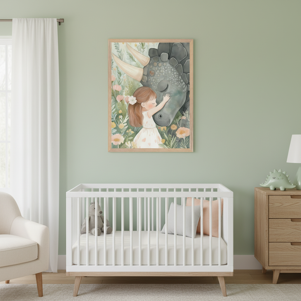 Modern nursery with a white crib, armchair, and wooden dresser against a light green wall. A framed watercolor-style illustration of a girl hugging a dinosaur among flowers hangs centered above the crib.