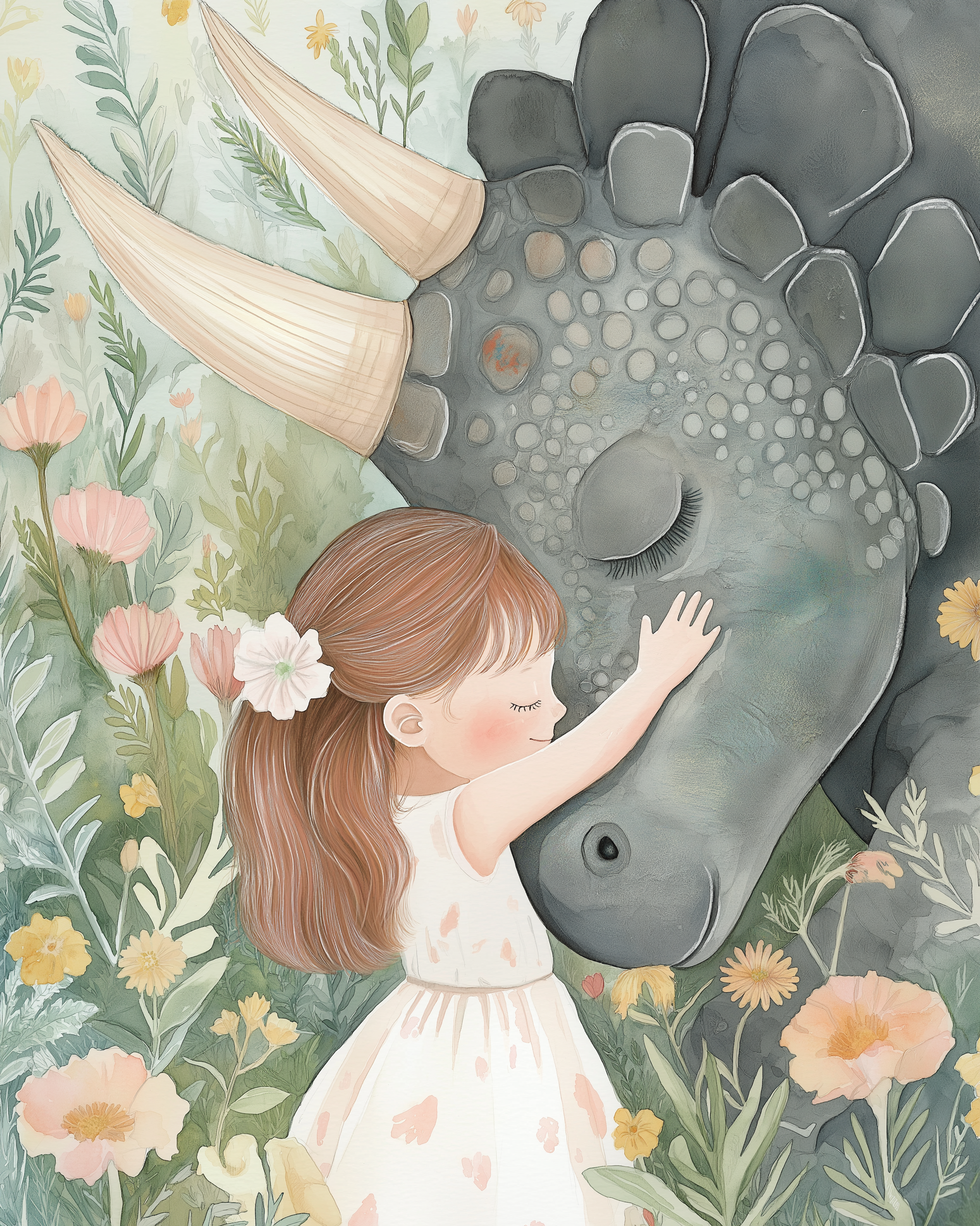 A girl with a ponytail and flower hair clip lovingly presses her forehead to a spiked dinosaur’s face, nestled among soft green leaves and yellow blossoms.
