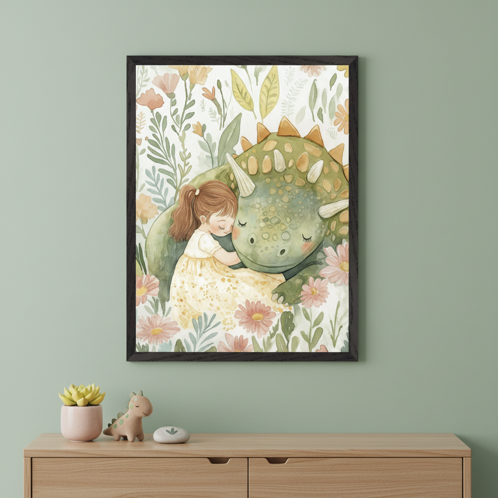 Nursery with a light wood dresser. A framed watercolor illustration of a girl hugging a sleeping green dinosaur among flowers hangs above the dresser. A succulent, plush dino, and decorative stone are on the dresser.