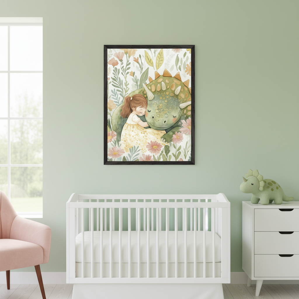 Modern nursery with light green walls. A white crib, white dresser, and pink armchair are visible. Above the crib, a framed watercolor illustration features a little girl in a yellow dress hugging a green dinosaur, surrounded by flowers.