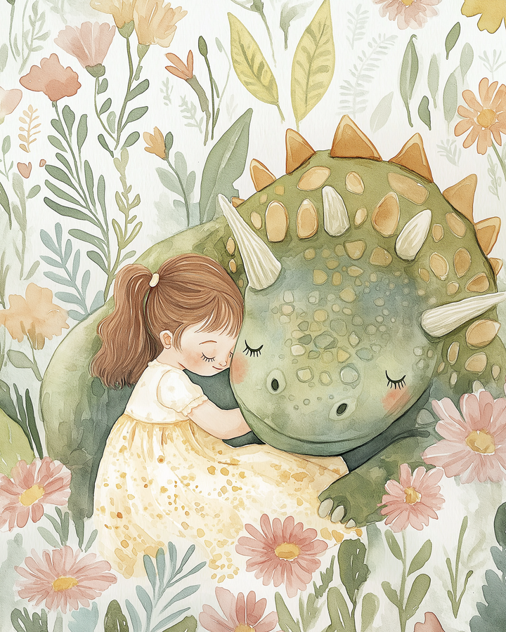 A girl with brown hair embraces a friendly green dinosaur with closed eyes and patterned skin, seated in a lush garden full of daisies and wildflowers.