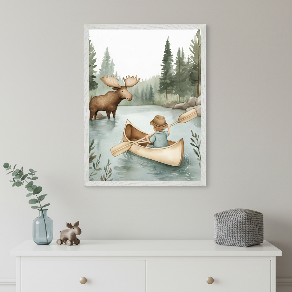 Modern child's room with a white dresser. A framed watercolor painting depicting a child in a canoe on a lake interacting with a moose hangs centered above the dresser. Decor includes a vase, wooden moose toy, and gray knitted pouf.