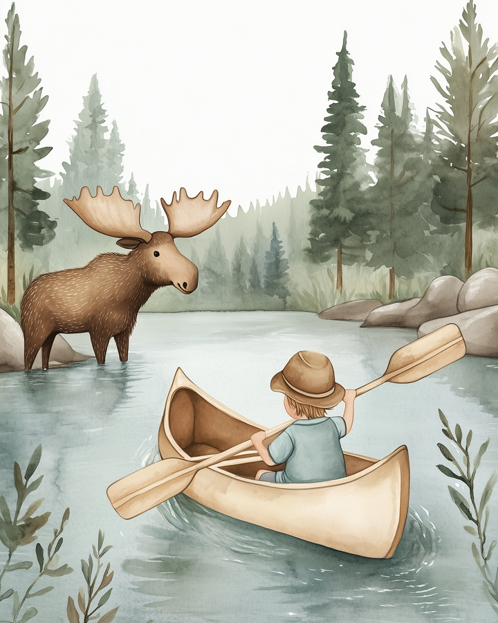 A young boy wearing a brown hat rows a canoe through calm waters while a large moose watches from the opposite shore, surrounded by pine trees and boulders.
