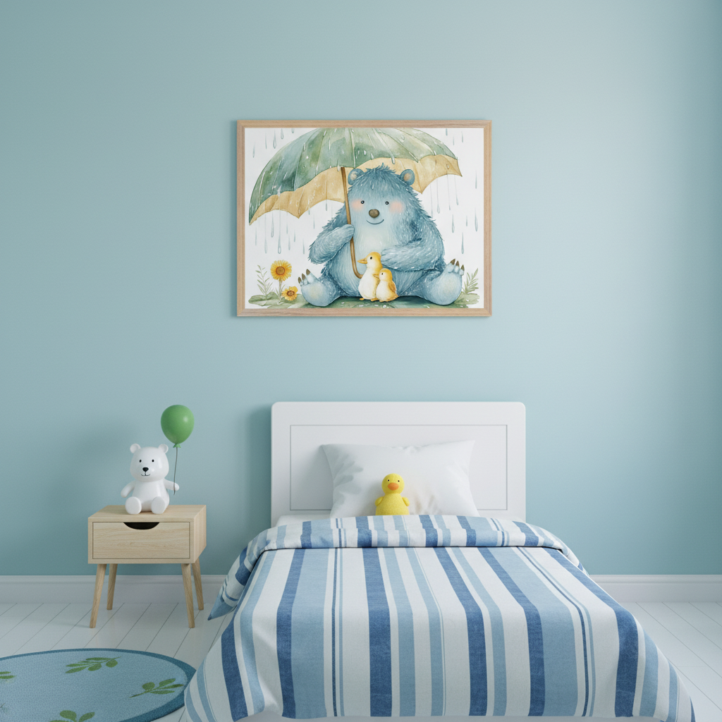 Kid's bedroom with light blue walls. A white bed with blue striped bedding and a light wood nightstand are visible. A large framed watercolor print of a blue bear holding an umbrella over two yellow ducklings hangs centered above the bed.