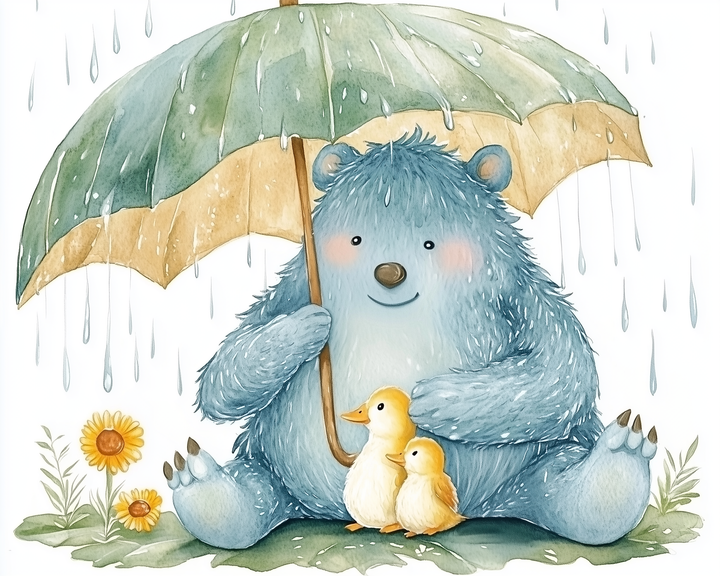 A fluffy blue bear shelters two yellow ducklings under a large green and tan umbrella, sitting on leafy ground with rain falling around them.
