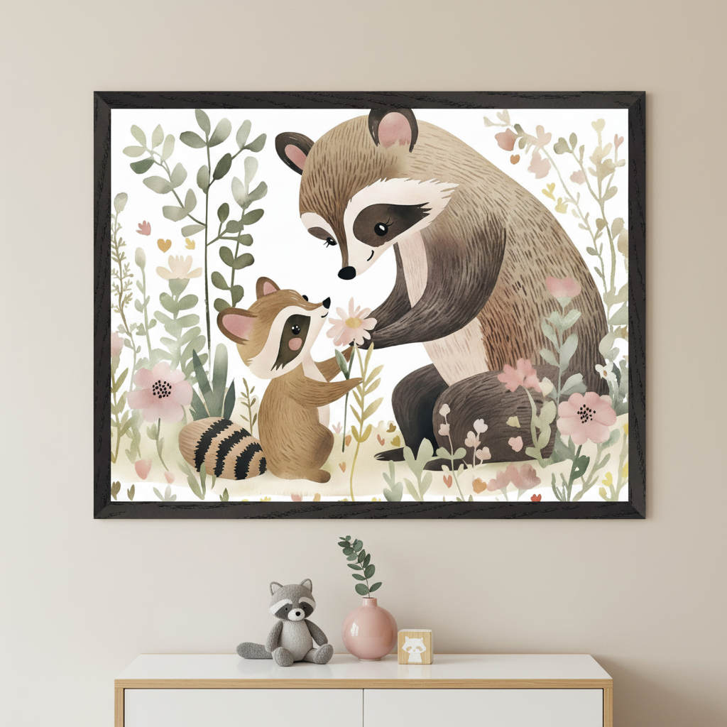 Modern nursery with a white and wood dresser. A large framed watercolor art of a mother raccoon giving a flower to a baby raccoon, amidst flowers and greenery, hangs above the dresser. A stuffed raccoon and decor are on the dresser.