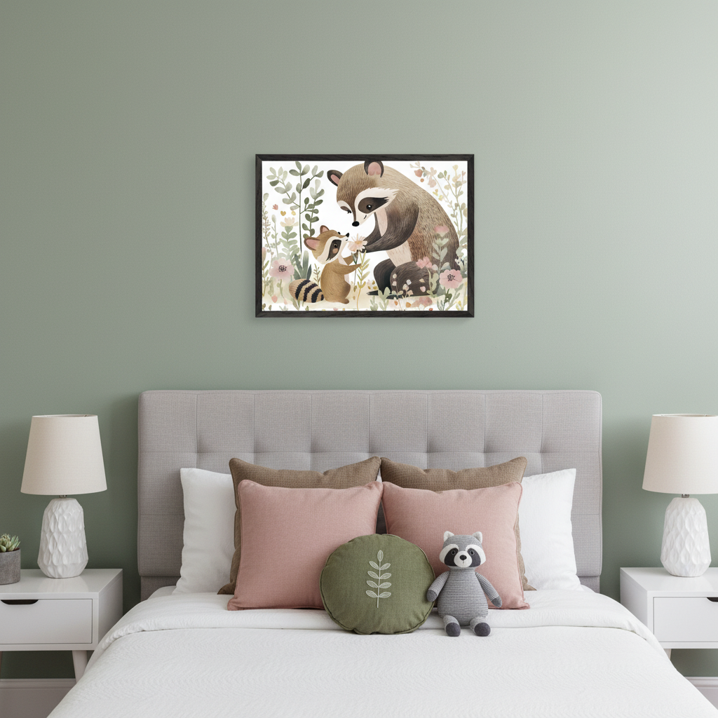 Kid's bedroom with a gray upholstered bed and white nightstands. Above the bed, a framed illustration shows an adult raccoon giving a flower to a baby raccoon in a floral setting.
