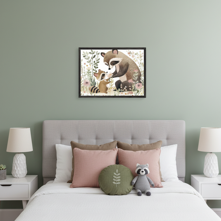 Kid's bedroom with a gray upholstered bed and white nightstands. Above the bed, a framed illustration shows an adult raccoon giving a flower to a baby raccoon in a floral setting.