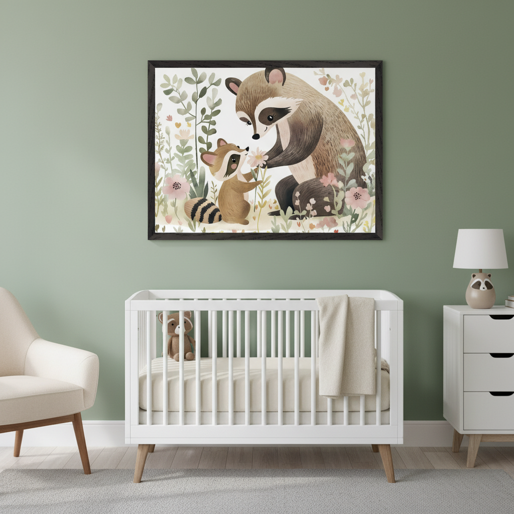 Modern nursery with a white crib, beige armchair, and white dresser with a raccoon lamp. A large framed watercolor print of an adult and baby raccoon surrounded by flowers and plants hangs centered above the crib.