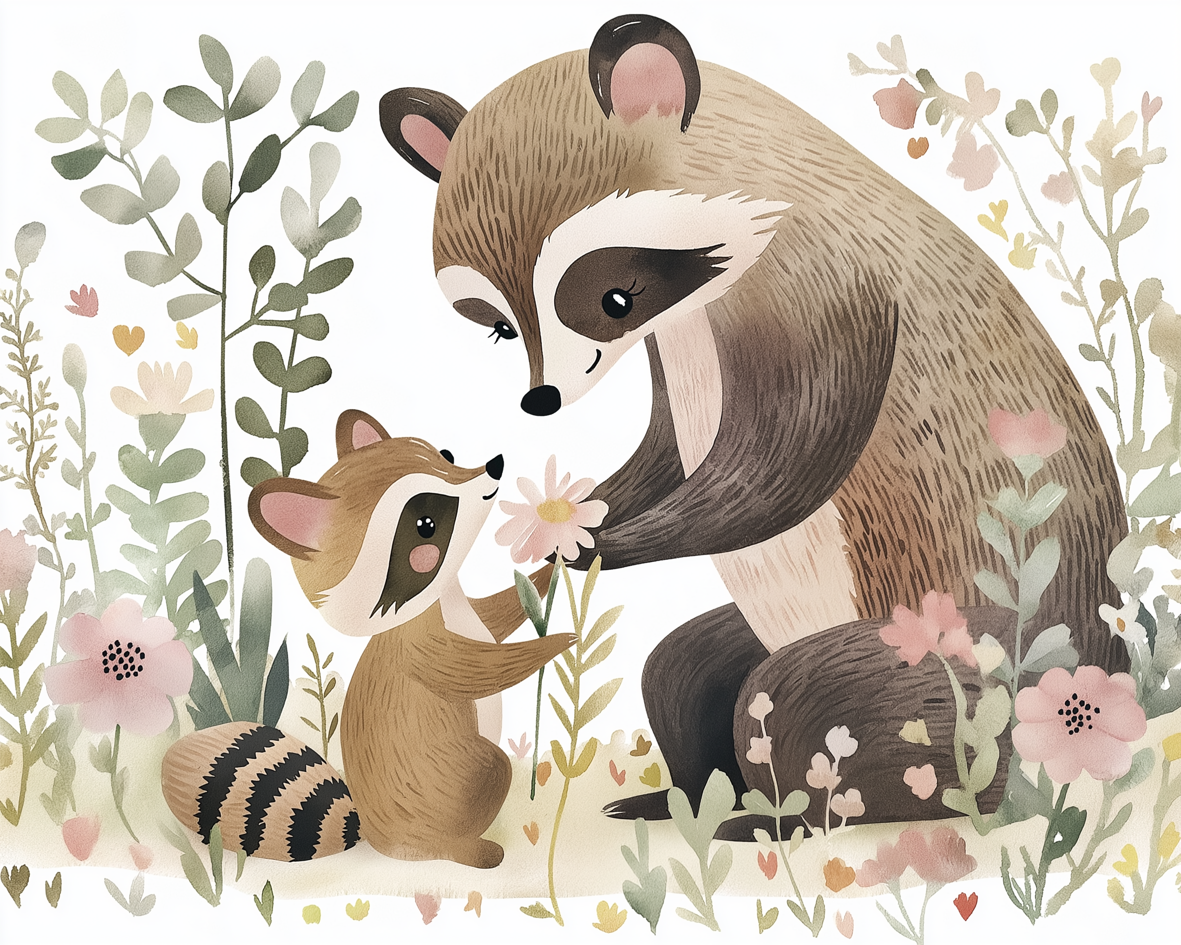 A tender moment between a large raccoon and a smaller one as they hold a pink flower together, surrounded by soft green foliage and pastel wildflowers.
