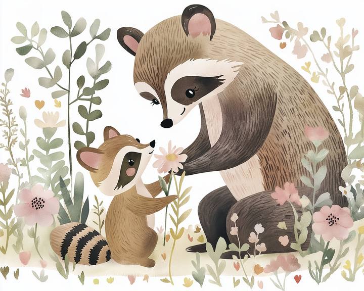 A tender moment between a large raccoon and a smaller one as they hold a pink flower together, surrounded by soft green foliage and pastel wildflowers.
