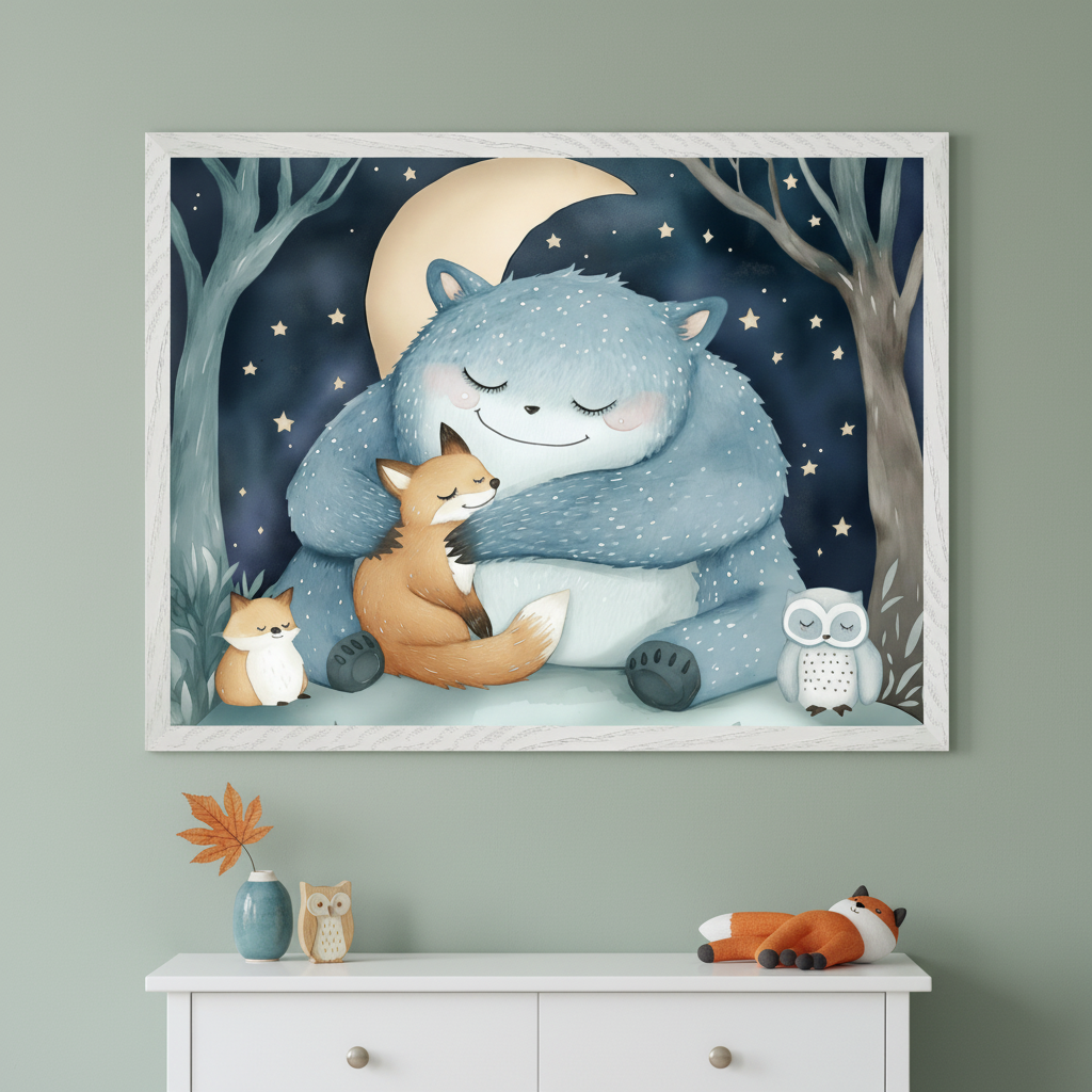 Kid's room with a green wall. A large framed illustration of a blue furry creature hugging an orange fox under a crescent moon and stars hangs above a white dresser. A small fox, an owl, an orange leaf, and a fox plush are on the dresser.