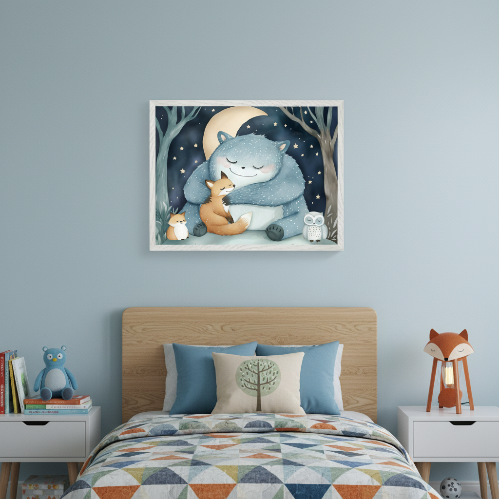 Kid's bedroom with a wooden bed and two nightstands. A framed illustration above the bed shows a large blue creature hugging an orange fox, with a small fox and owl, under a crescent moon and stars in a dark forest.