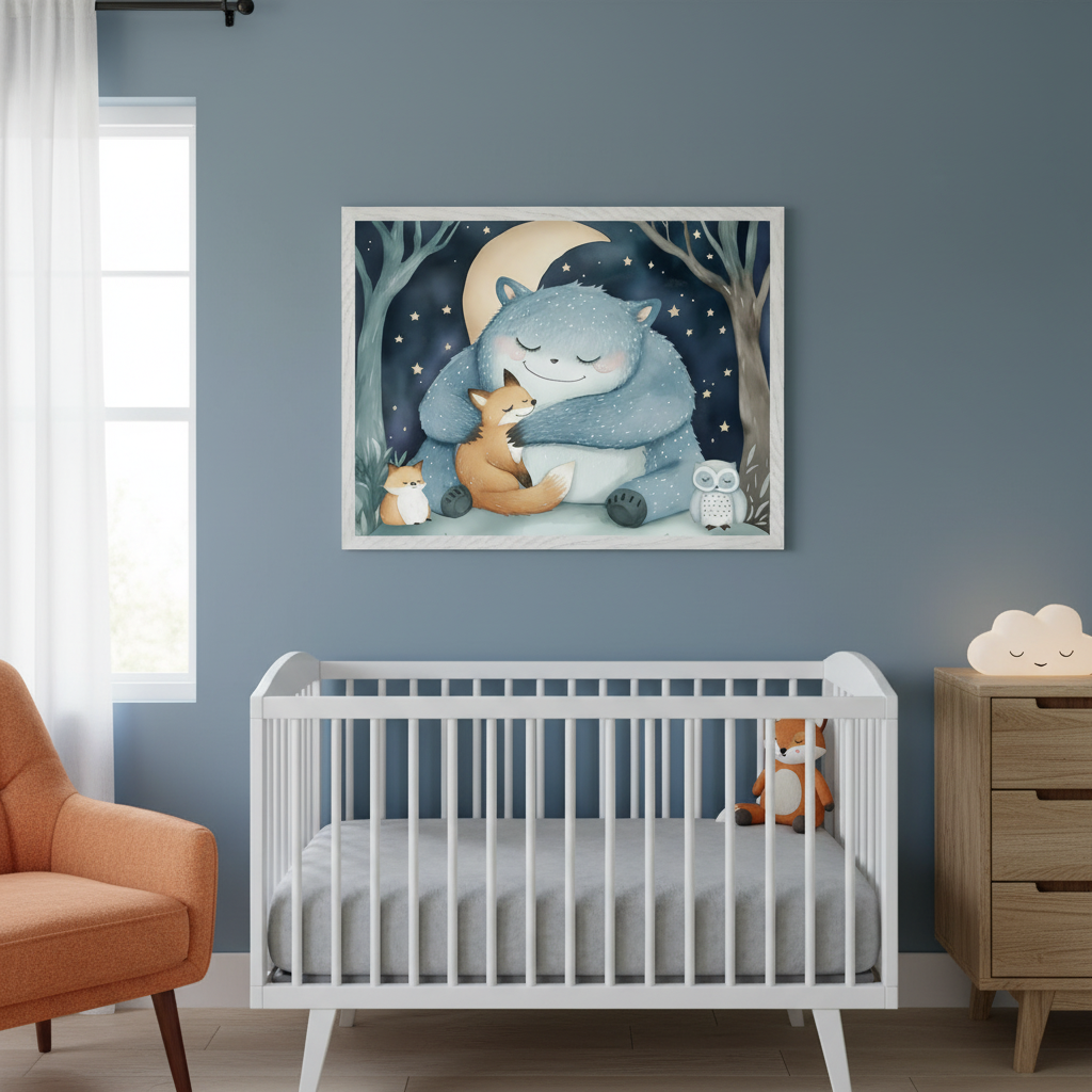 Modern nursery with a white crib and orange armchair. Above the crib, a framed illustration of a sleeping blue creature hugging a fox, with a small fox and owl, under a moonlit starry forest. A wooden dresser is to the right.