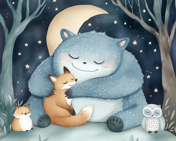 A fluffy blue bear gently embraces a smiling fox while a baby fox and an owl sit nearby, all under a glowing crescent moon and twinkling stars between bare trees.
