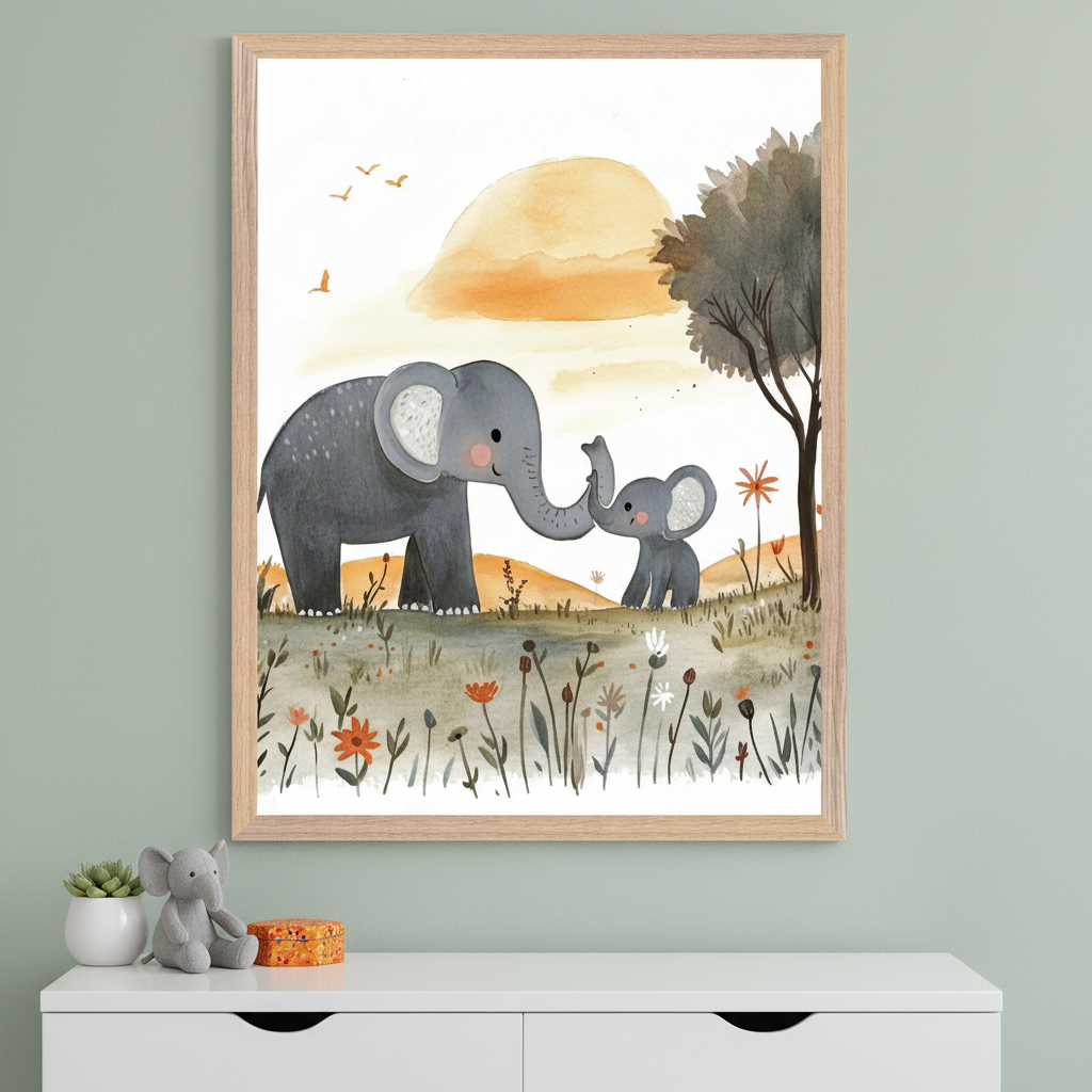 Modern kid's room with a white dresser. A framed watercolor painting of two grey elephants touching trunks in a field of wildflowers at sunset hangs above the dresser. An elephant plush and a potted plant are on the dresser.