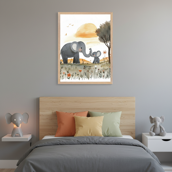 Kid's bedroom with a bed, wood headboard, and two nightstands. A large framed watercolor illustration of an adult and baby elephant touching trunks in a flower field under an orange sunset hangs centered above the bed.