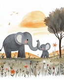 A playful baby elephant lifts its trunk to meet its parent's in a warm savanna landscape dotted with flowers and silhouetted by an orange sunset.