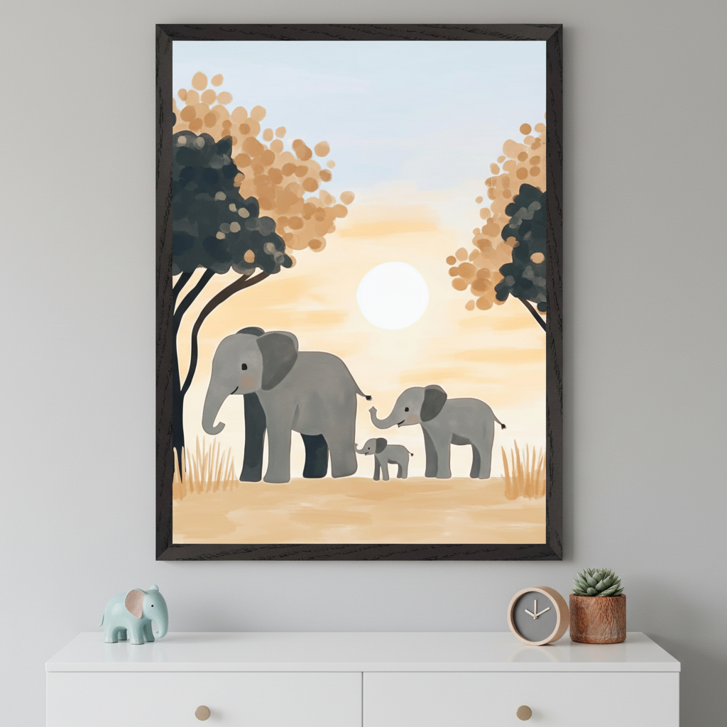 Modern kid's room with a white dresser. A large framed watercolor illustration of an elephant family walking in a savanna at sunset hangs above the dresser. A small blue elephant figurine, clock, and succulent are on the dresser.